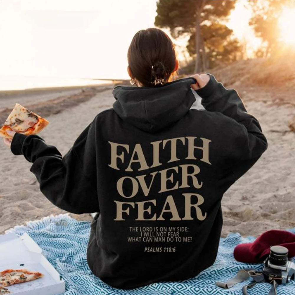 Faith Overcomes Fear - Christian Hooded Sweatshirts Jesus plus Size Hoodie Streetwear Fashion Pullover Men and Women Clothing